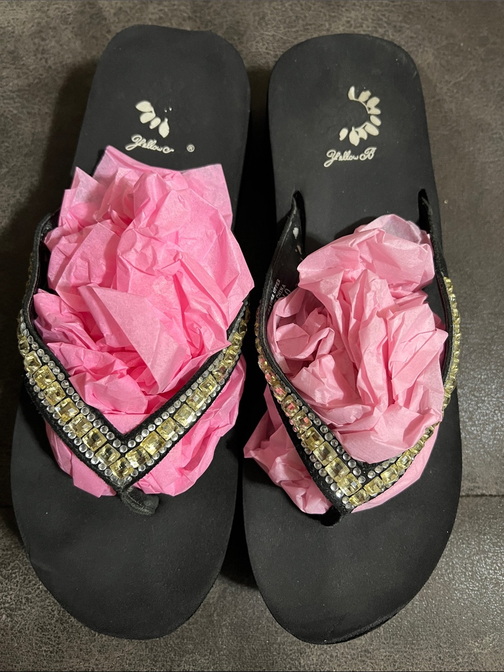 Yellow Box Black Beaded V-strap Platform Flip Flop Sandals